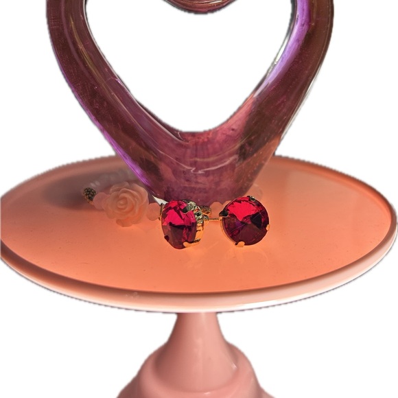 Hot Pink Crystal Stud Pierced Earrings gold tone backings .5” Valentine - Picture 3 of 3